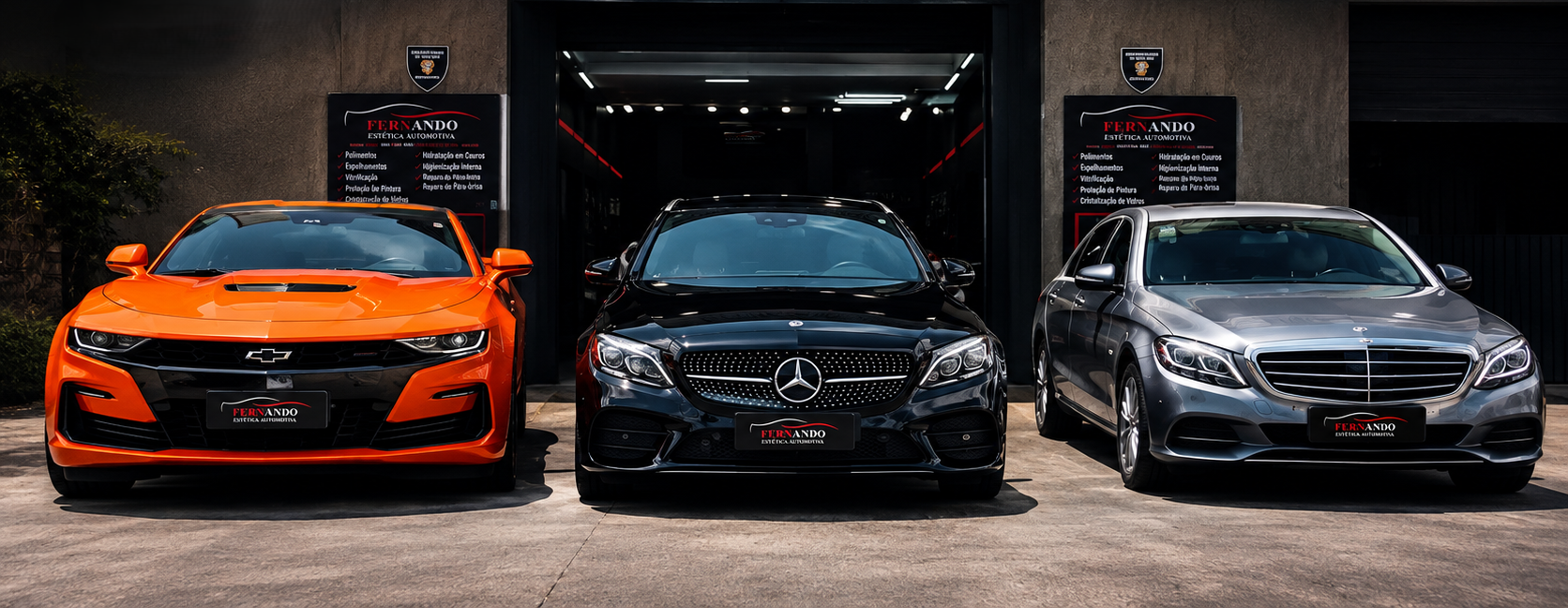 Fachada da Fernando Estética Automotiva em Goiânia com Camaro e Mercedes recém-estéticos